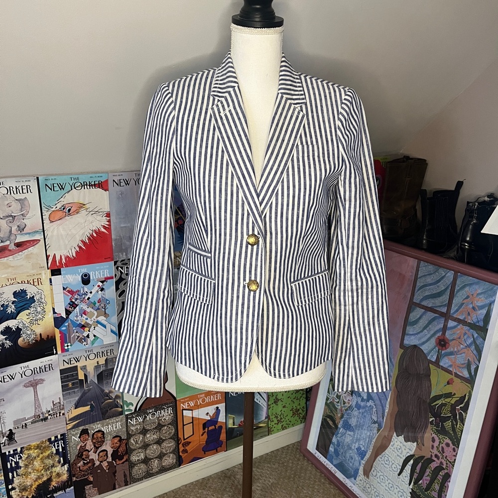 J. Crew Blue and White Striped Schoolboy Blazer with Gold Buttons
